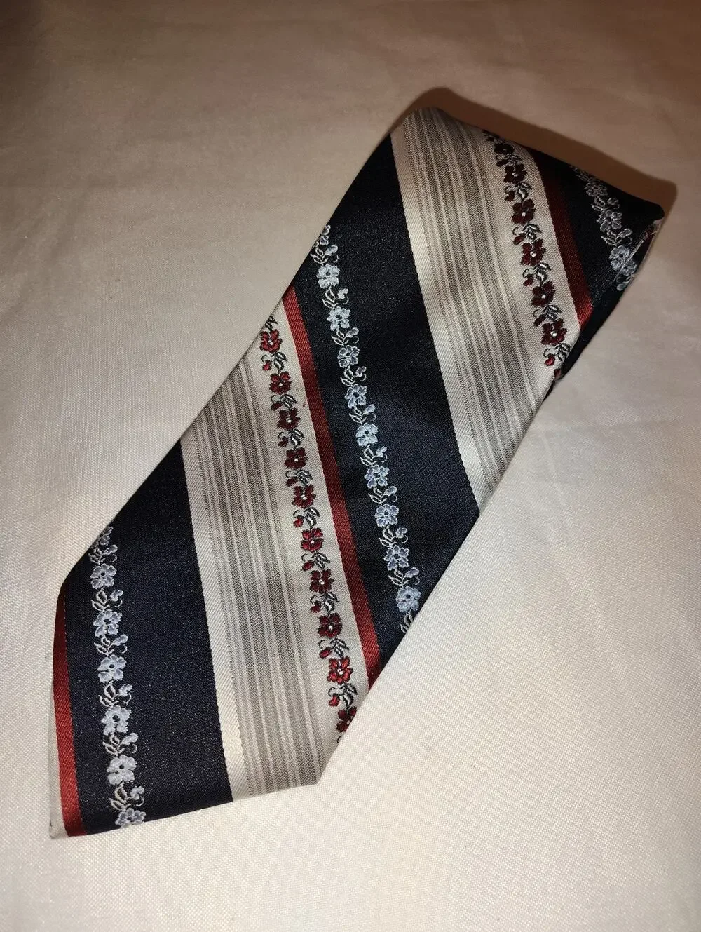 Vintage 1970s Polyester Ric Karon Floral Stripe Necktie Burgundy Black Gray